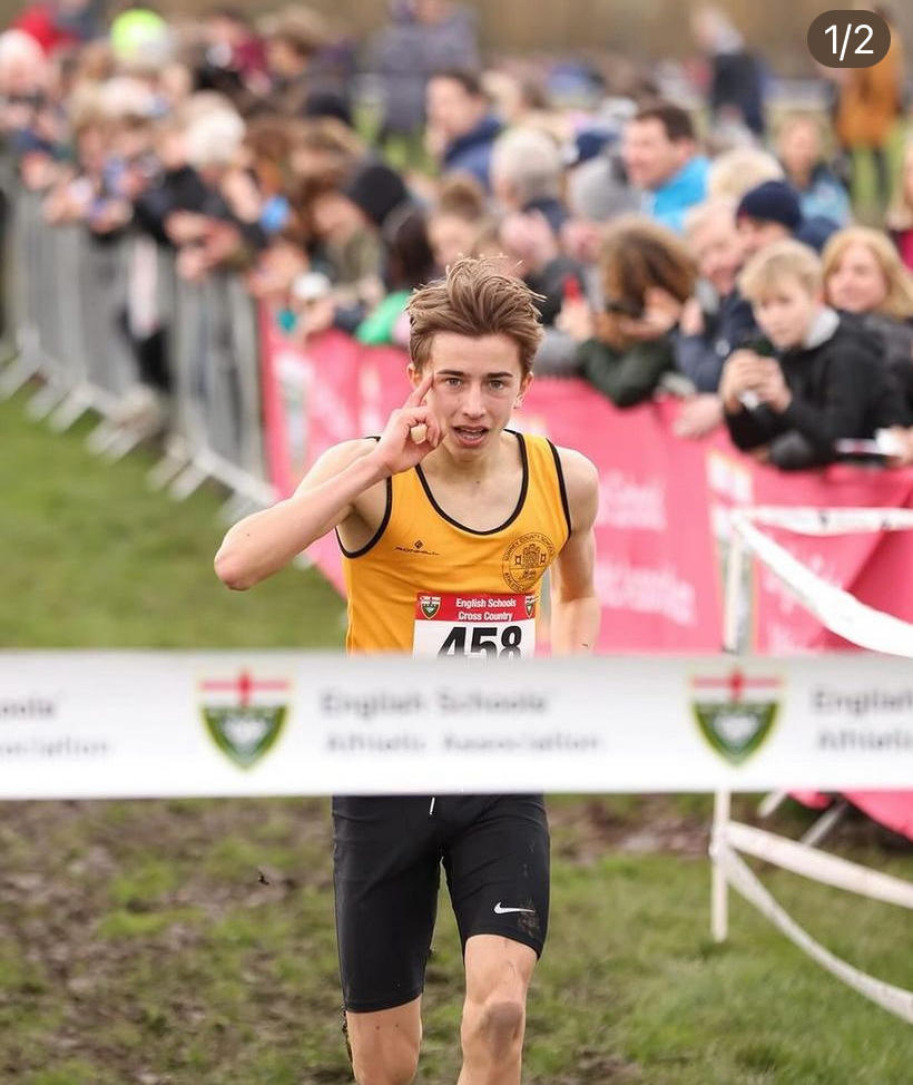 Jake Meyburgh winning the English Schools Cross Country Inter Boys' Race 2024 running for Surrey Schools