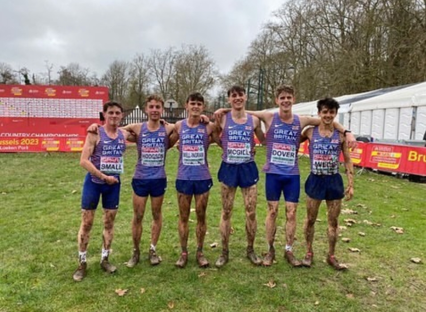 Sam Hodgson 2nd from right at the European Cross Country Championships 2023 U20 Men Team GB