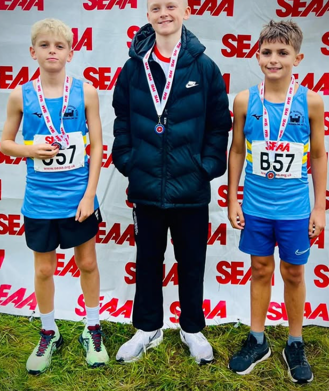 AJ Evans, Ted Bainbridge and Ben Welch silver medallists U13 Boys SEAA road relays