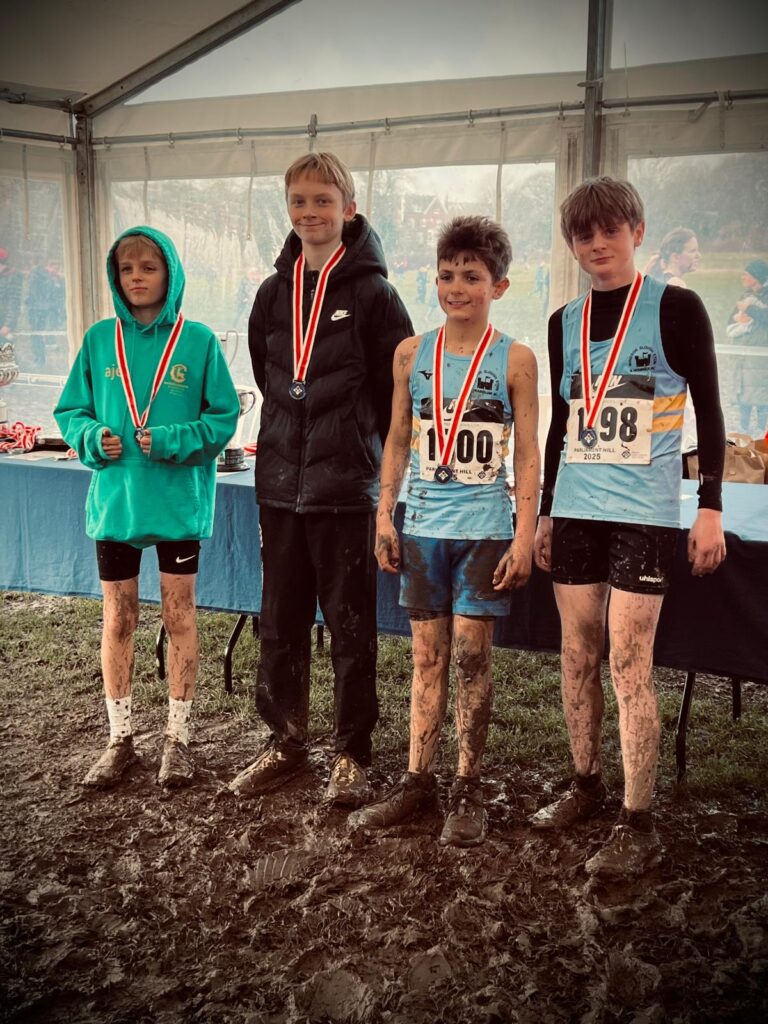 U13 Boys silver medallists National Cross Country 2025. L-R AJ Evans, Ted Bainbridge, Ben Welch and Thomas Ling.