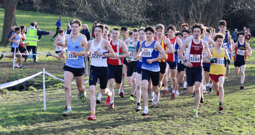 Frank McGrath to the fore at the SEAA cross country 2025 U20 men's race. Photo Mark Hookway