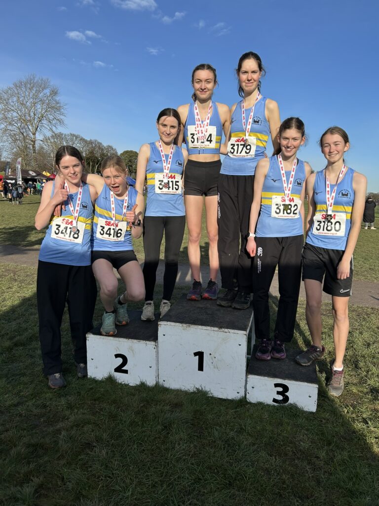 L-R: Jaq Heller, Ella Davey, Rachel Clutterbuck (U20 Women), Lucy Wilkinson, Marnie Fieldsend, Ana Passos and Yasmin Grant (U17 Women’s winning team)