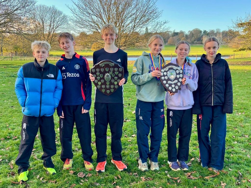 U15 Boys and U15 Girls medallists. L-R AJ Evans, Thomas Fay, Ted Bainbridge, Hannah Lucas, Mia Lennox-Imbastari and Nia Parry-Spring